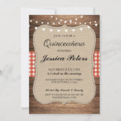Quinceanera BBQ Party Red Check Rustic Wood Invite Kaart (Voorkant)