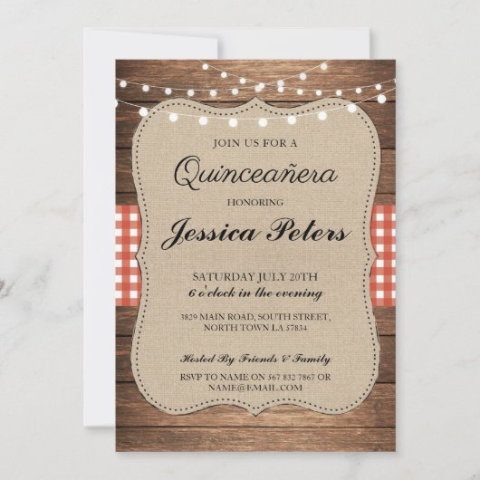 Quinceanera BBQ Party Red Check Rustic Wood Invite Kaart (Voorkant)