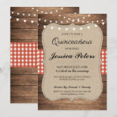 Quinceanera BBQ Party Red Check Rustic Wood Invite Kaart (Voorkant / Achterkant)