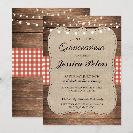 Quinceanera BBQ Party Red Check Rustic Wood Invite Kaart (Voorkant / Achterkant)