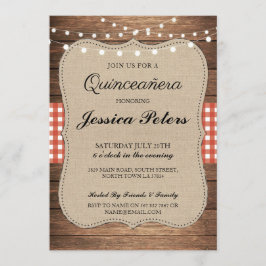Quinceanera BBQ Party Red Check Rustic Wood Invite Kaart