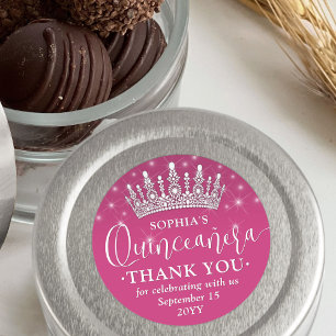 Quinceañera Bedankt Elegant Crown Fuschia Pink Ronde Sticker