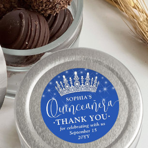 Quinceañera Bedankt Elegant Crown Royal Blue Ronde Sticker