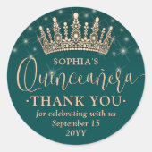 Quinceañera Bedankt Roos Gold Crown en Groen Ronde Sticker (Voorkant)