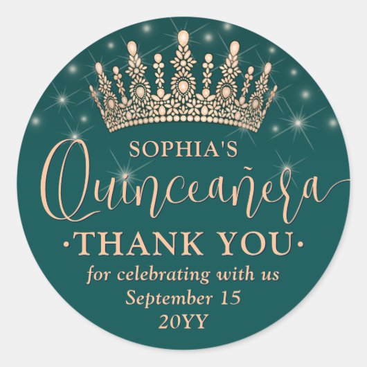 Quinceañera Bedankt Roos Gold Crown en Groen Ronde Sticker (Voorkant)