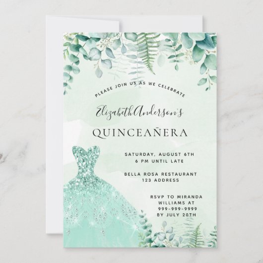 Quinceanera betoverde groenboegjurk kaart (Voorkant)