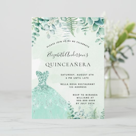 Quinceanera betoverde groenboegjurk kaart (Staand voorkant)