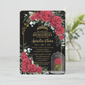 Quinceañera Betoverde Rode Rozen Bloemen Zwart Gou Kaart (Staand voorkant)