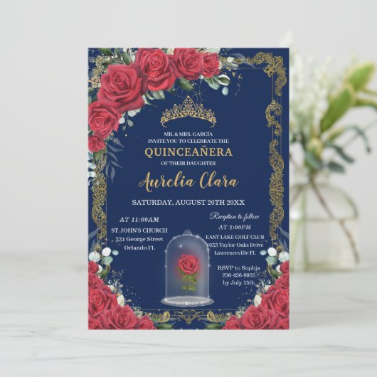  Quinceañera betoverde rode rozenblauw Kaart (Staand voorkant)