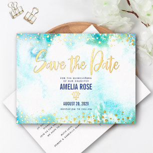 Quinceañera Bewaar Datum Kroon Turquoise Echt Goud Folie Uitnodiging Briefkaart