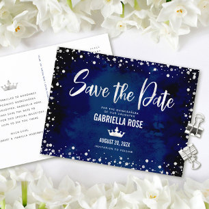 Quinceañera Bewaar Datum Navy Zilver Glitter Kroon Uitnodiging Briefkaart