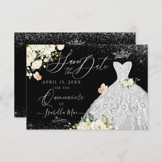 Quinceanera Bewaar de Datum Faux Glitter White Gow Kaart (Voorkant / Achterkant)