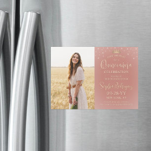 Quinceañera Bewaar de datum Foto Roos Gold Sparkle Magnetische Uitnodiging
