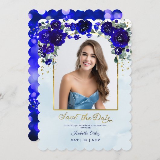 Quinceañera Bewaar de datum Foto Royal Blue Gold Kaart (Voorkant / Achterkant)