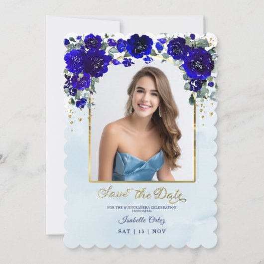 Quinceañera Bewaar de datum Foto Royal Blue Gold Kaart (Voorkant)