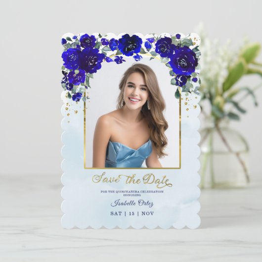 Quinceañera Bewaar de datum Foto Royal Blue Gold Kaart (Staand voorkant)