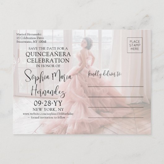 Quinceañera Bewaar de datum Moderne foto Mis XV Añ Aankondigingskaart (Achterkant)