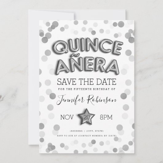Quinceañera Bewaar de datum Zilveren Ballonnen Gli Kaart (Voorkant)