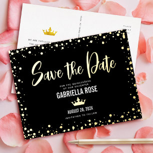 Quinceañera Bewaar de Datum Zwarte Kroon Echt Goud Folie Uitnodiging Briefkaart
