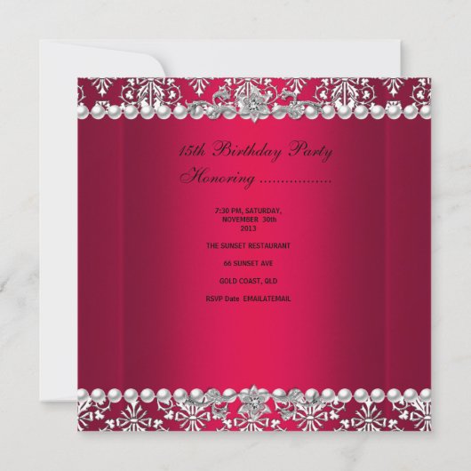 Quinceañera Birthday 15th Party Red White Silver Kaart (Achterkant)