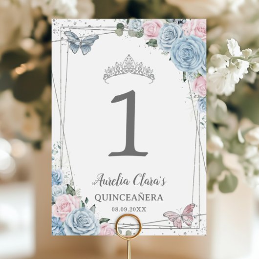 Quinceañera Birthday Baby Blue Soft Pink Floral Kaart