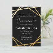 Quinceañera Birthday Black Gold Modern Foto Kaart (Staand voorkant)