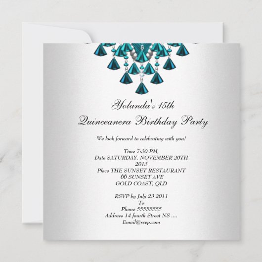 Quinceanera Birthday Blauwgroen blauwe witte krale Kaart (Achterkant)