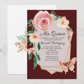 Quinceanera Birthday Burgundy Red Waterverf Rozen Kaart (Voorkant / Achterkant)