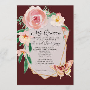 Quinceanera Birthday Burgundy Red Waterverf Rozen Kaart