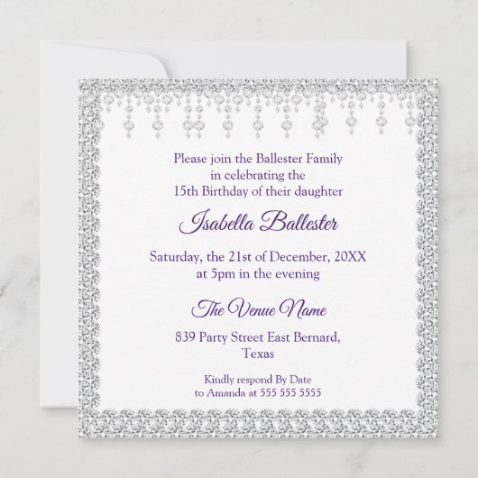 Quinceanera Birthday Castle Roze Paarse Diamanten Kaart (Achterkant)