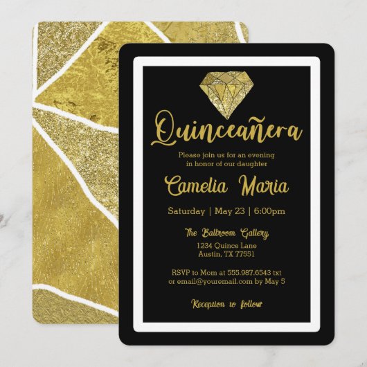 Quinceañera Birthday Diamond Glam Zwart Goud Kaart (Voorkant / Achterkant)