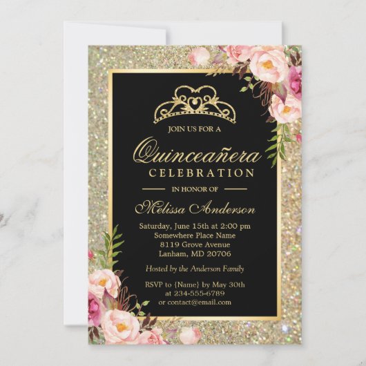 Quinceanera Birthday Floral Gold Glitter Sparkles Kaart (Voorkant)