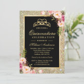 Quinceanera Birthday Floral Gold Glitter Sparkles Kaart (Staand voorkant)