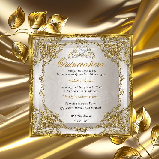 Quinceanera Birthday Gold Beige Pearl Damask Kaart