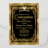 Quinceanera Birthday Gold Black Folie Uitnodiging (Voorkant)