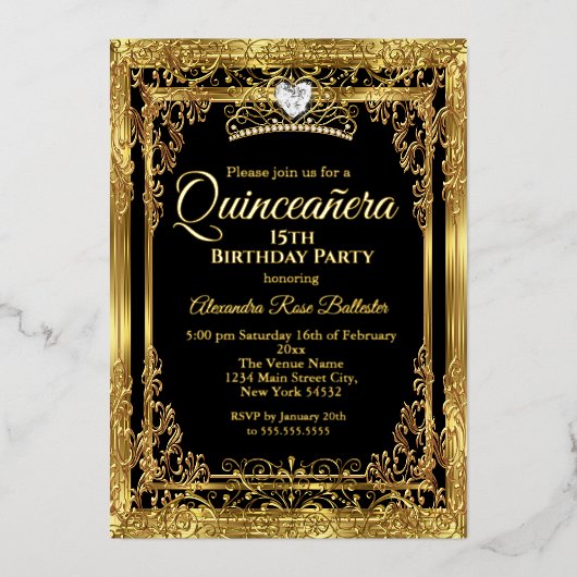 Quinceanera Birthday Gold Black Folie Uitnodiging (Voorkant)