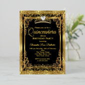 Quinceanera Birthday Gold Black Folie Uitnodiging (Staand Voorkant)