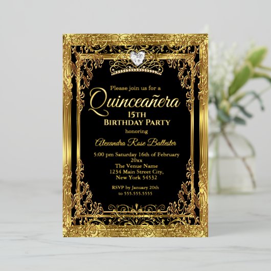 Quinceanera Birthday Gold Black Folie Uitnodiging (Staand Voorkant)