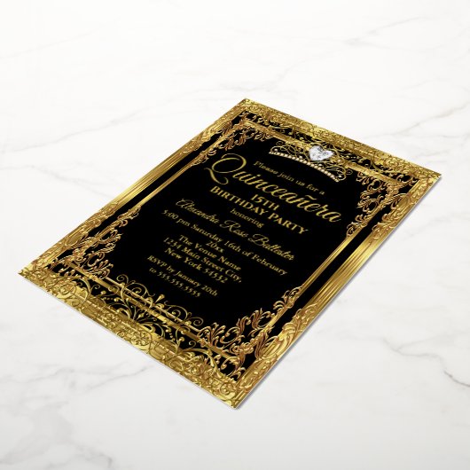 Quinceanera Birthday Gold Black Folie Uitnodiging (Gedraaid)