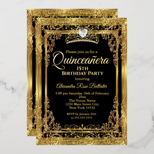Quinceanera Birthday Gold Black Folie Uitnodiging (Voorkant / Achterkant)