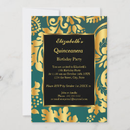 Quinceanera Birthday Gold Blauwgroen zwarte floral Kaart