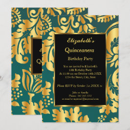 Quinceanera Birthday Gold Blauwgroen zwarte floral Kaart