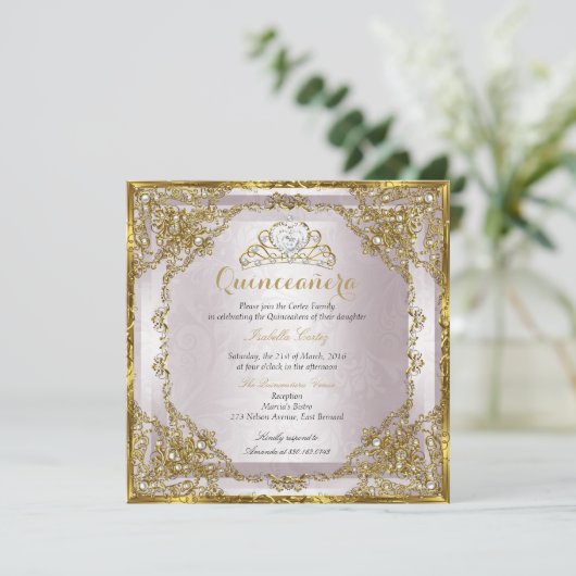 Quinceanera Birthday Gold Pearl Pink Damask Kaart (Staand voorkant)