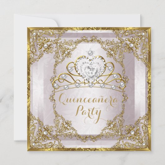 Quinceanera Birthday Gold Pearl Pink Damask Kaart (Achterkant)