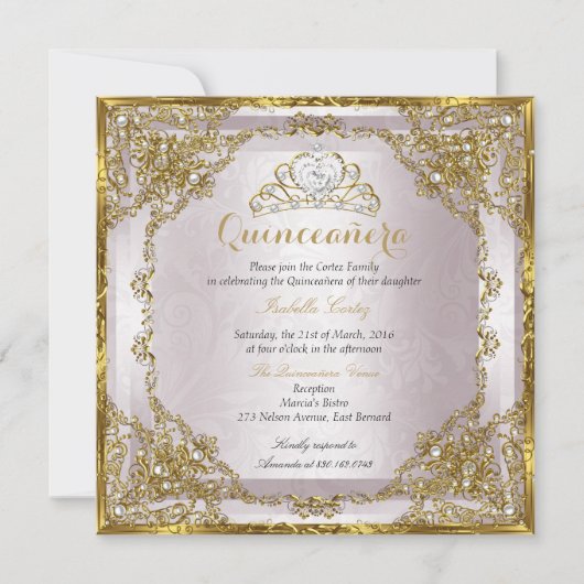Quinceanera Birthday Gold Pearl Pink Damask Kaart (Voorkant)