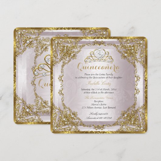 Quinceanera Birthday Gold Pearl Pink Damask Kaart (Voorkant / Achterkant)