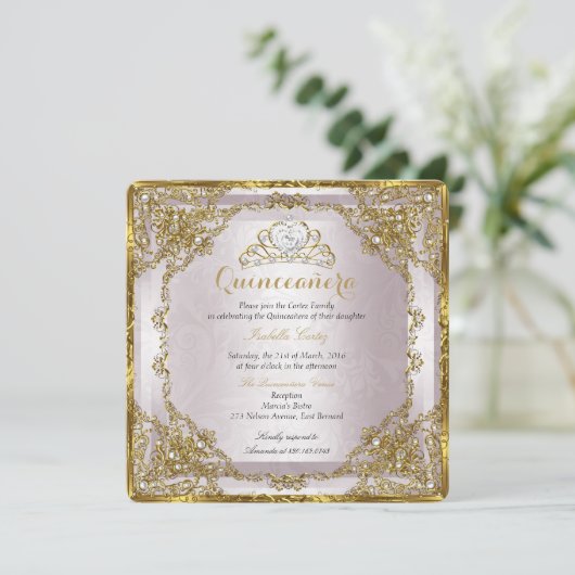 Quinceanera Birthday Gold Pearl Pink Damask Kaart (Staand voorkant)