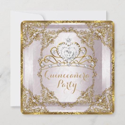 Quinceanera Birthday Gold Pearl Pink Damask Kaart (Achterkant)