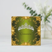 Quinceanera Birthday Green Gold White Tiara Kaart (Staand voorkant)