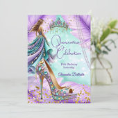 Quinceanera Birthday Lilac Teal Tiara Gold Heel Kaart (Staand voorkant)